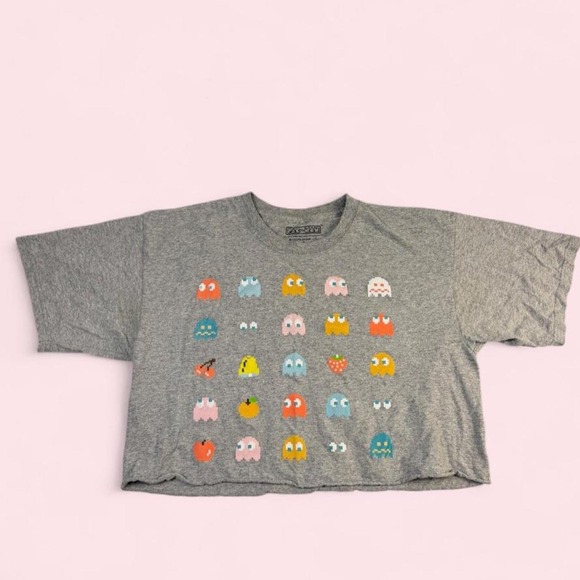 Tops - Pac-Man Womens Medium Grey Cropped Graphic T-Shirt Pixel Ghosts Fruit C-Life